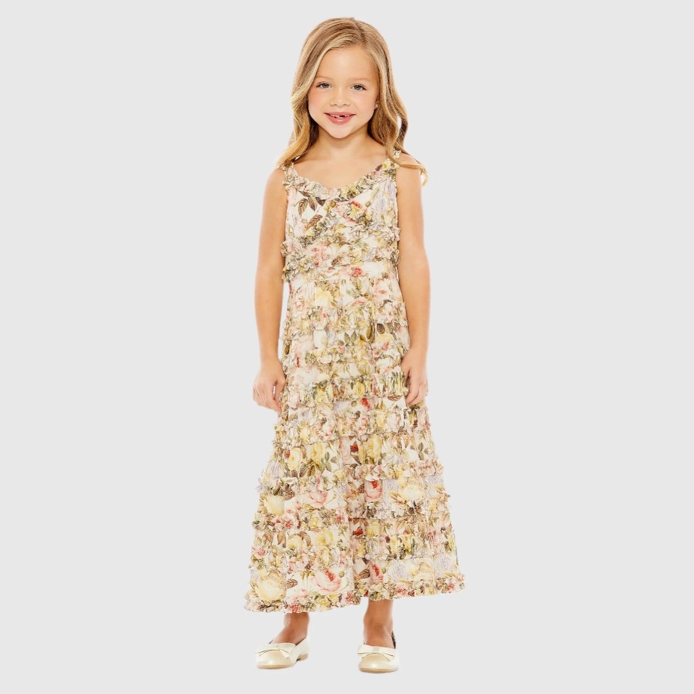 MAC DUGGAL Beige Girls Floral Print Ruffle Tiered Midi Dress